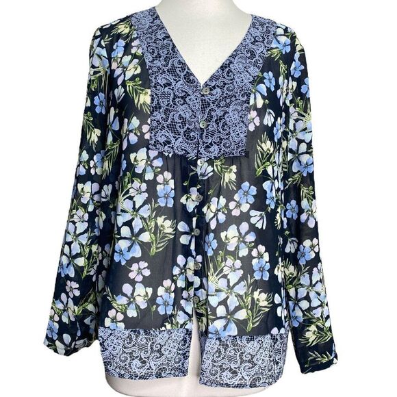J. Jill Blouse Floral Sheer Blue Size Medium Petite - Picture 1 of 6